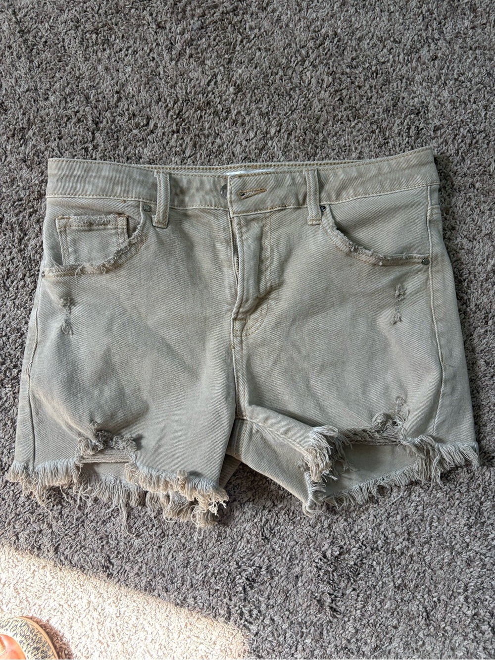 High-Rise Distressed Olive Jean Shorts with Frayed Hem